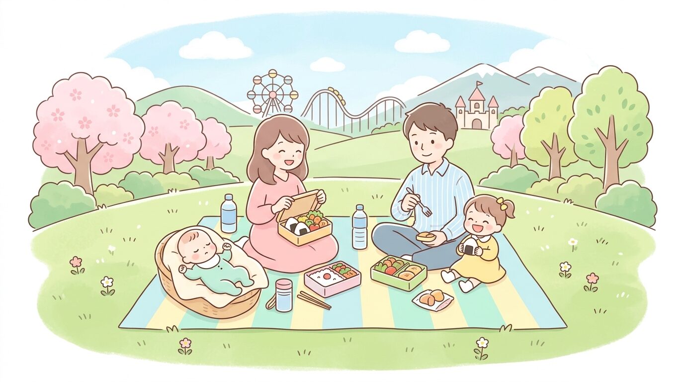 芝生の広場に敷いたレジャーシートの上でお弁当を広げる家族と、隣で眠る赤ちゃん