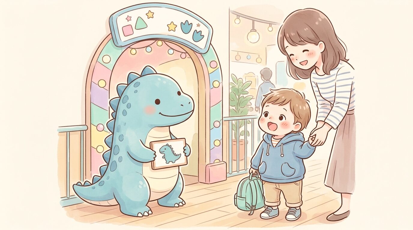 屋内アトラクションの入り口で、興味津々の表情で恐竜のオブジェを見上げる幼児