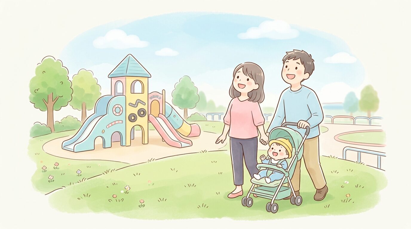 芝生の広場でベビーカーに乗った赤ちゃんと若い両親が笑顔で遊具を見上げている様子