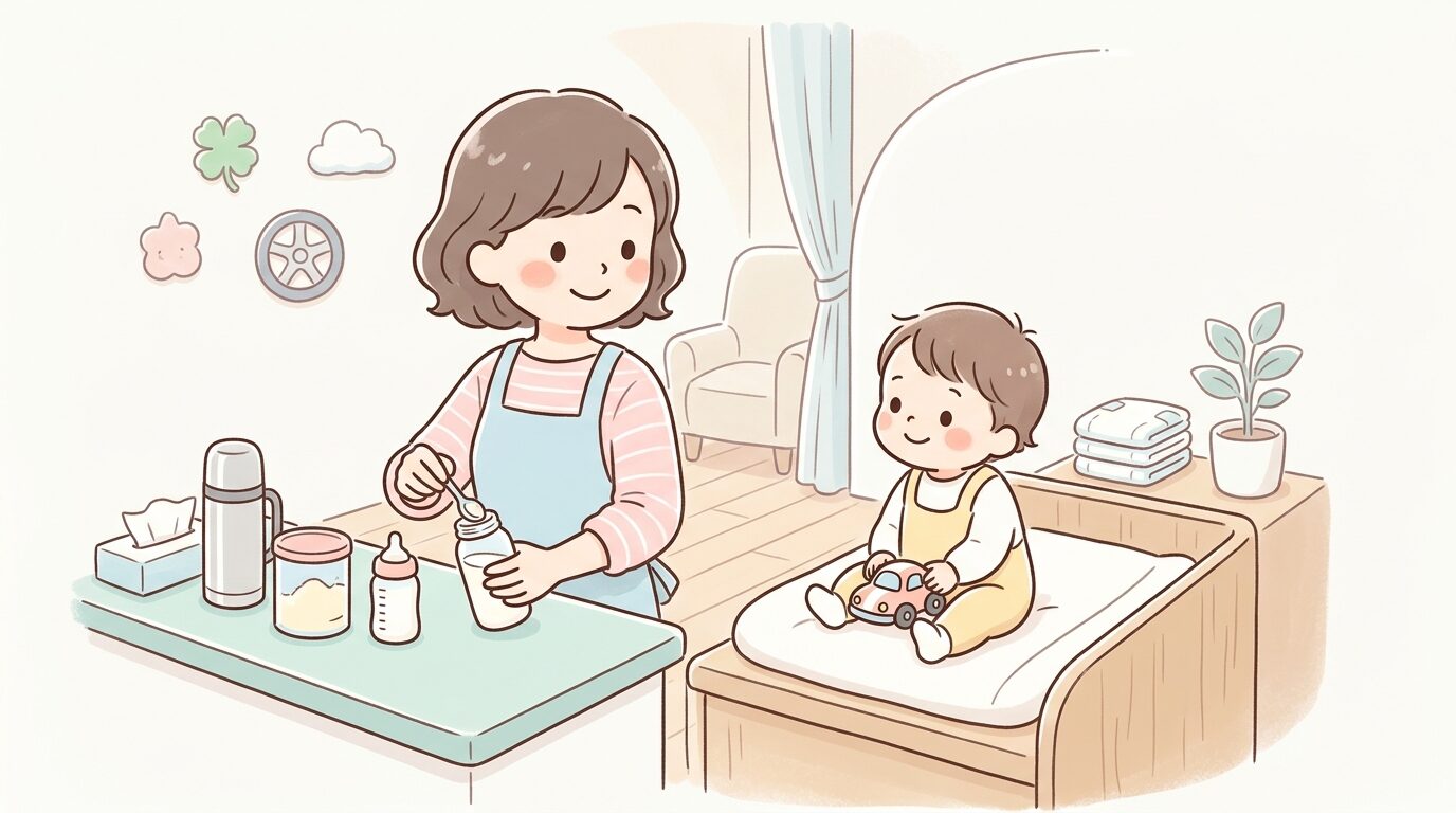 清潔な授乳室でミルクを準備する母親と、隣でおむつ交換を待つ小さな子ども