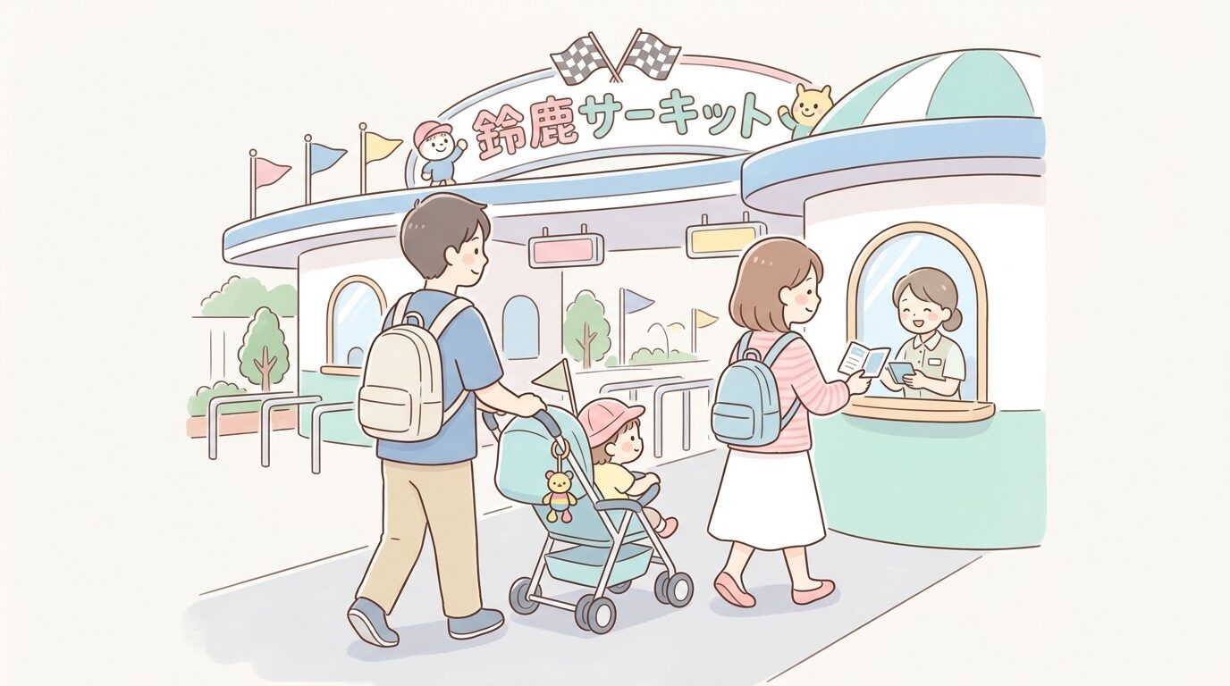 メインゲート前でベビーカーを押しながら入園手続きをする家族の後ろ姿