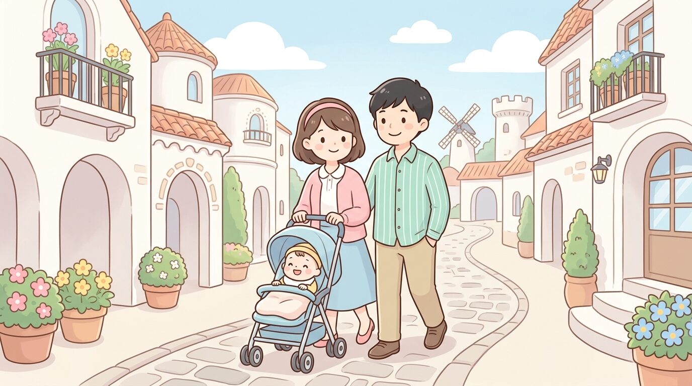 スペイン風の街並みを背景にベビーカーを押しながら歩く若い夫婦と赤ちゃん