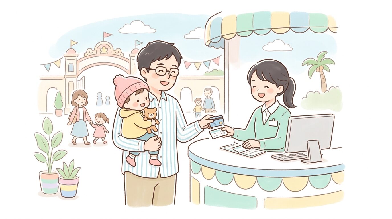 テーマパークのチケット売り場で幼児を抱っこしながら手続きをする父親