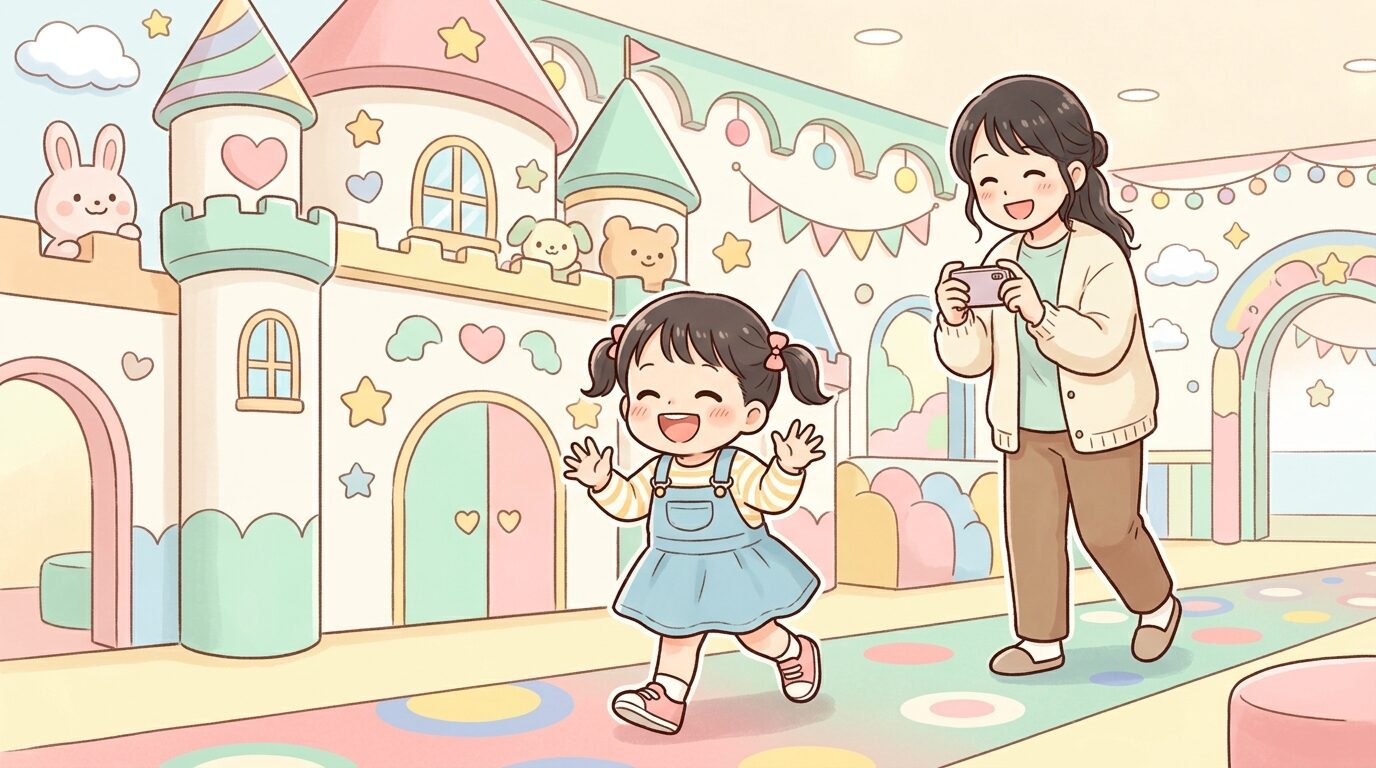 キャラクターのお城のような室内施設で、はしゃぎながら歩く2歳くらいの女の子とその後ろで写真を撮る親