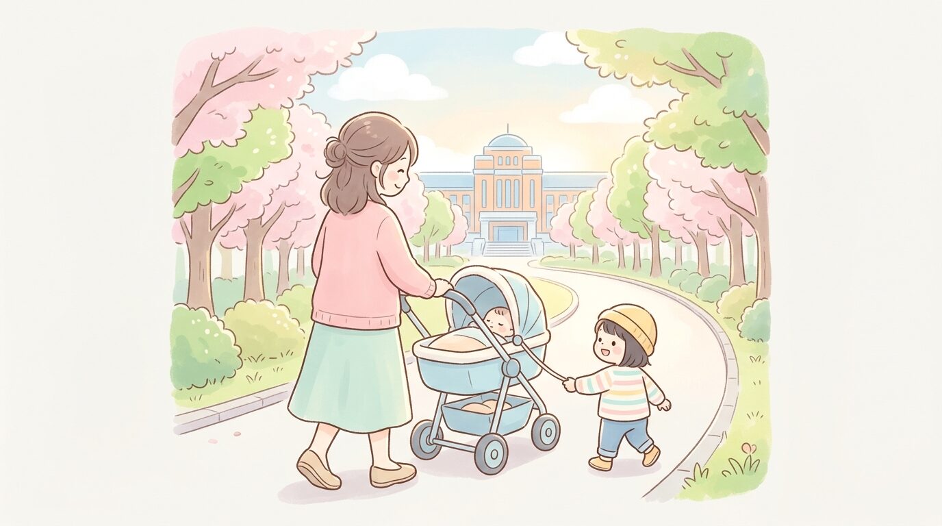 上野公園の並木道をベビーカーを押しながら歩く親子の後ろ姿、朝の柔らかい光