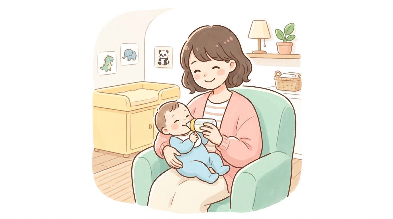 博物館内の清潔な授乳室で赤ちゃんにミルクをあげる母親、明るく落ち着いた雰囲気