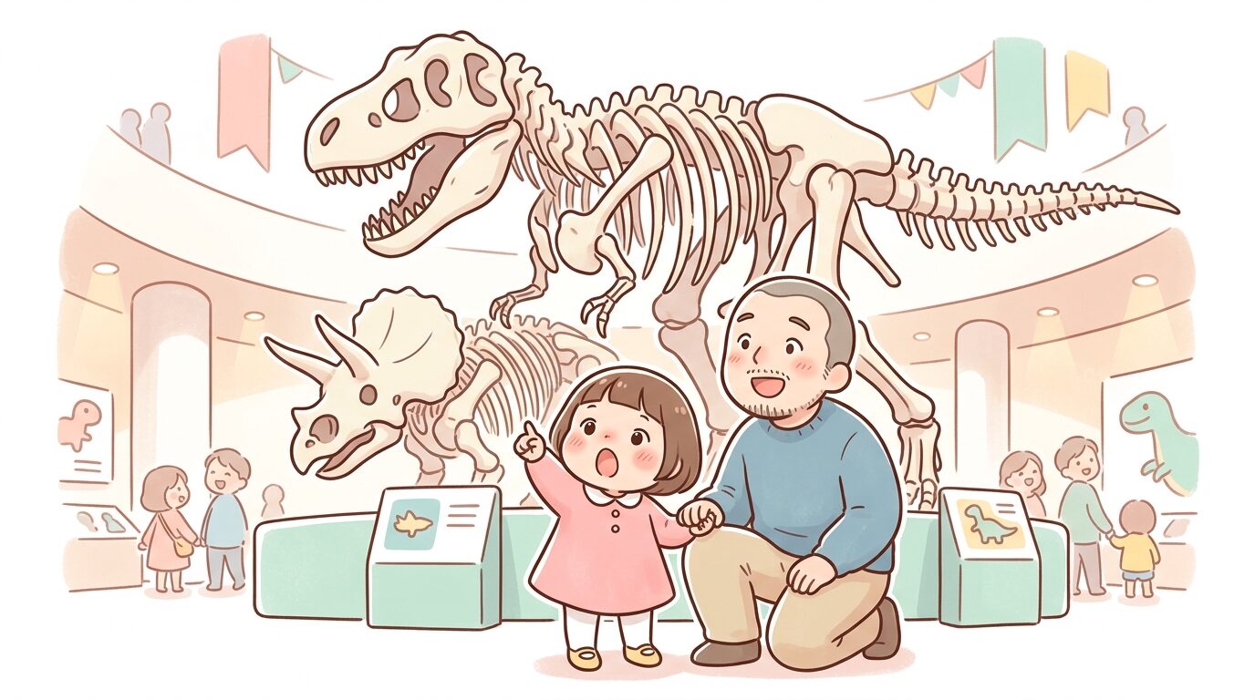 地球館の恐竜骨格展示を見上げる1〜2歳の子どもと父親、驚いた表情