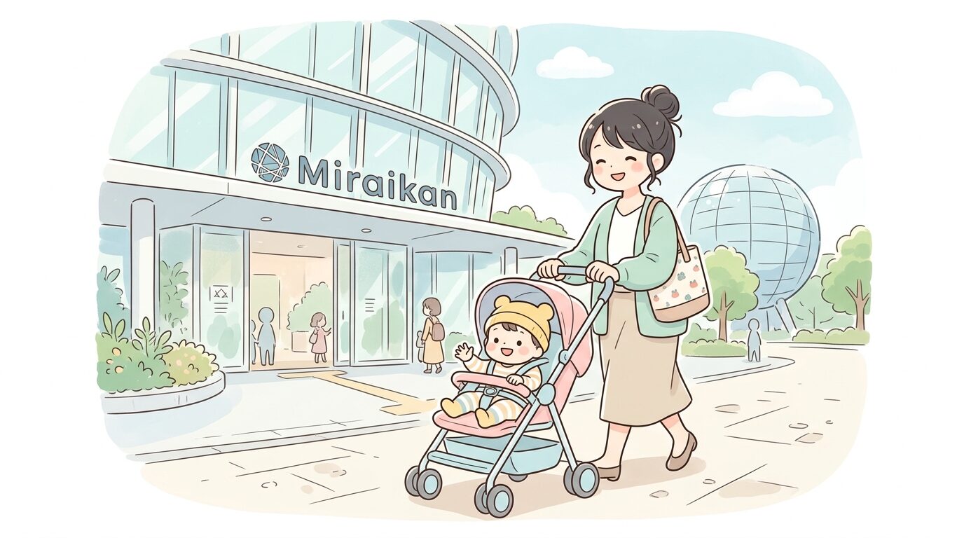 ベビーカーを押しながら日本科学未来館のエントランスを歩く母親と1歳児