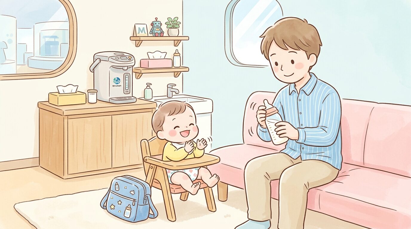 授乳室でミルクを準備する父親と機嫌よく待つ赤ちゃん