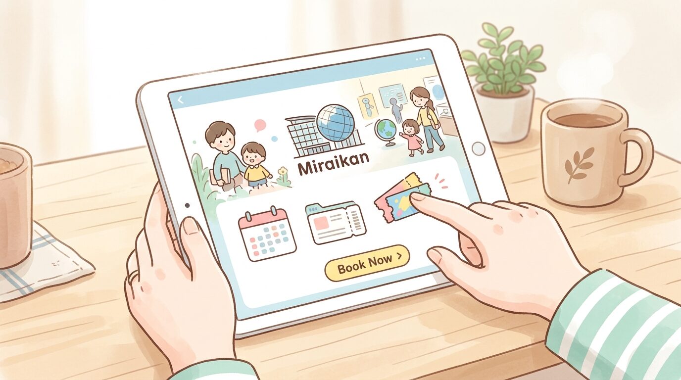 タブレット端末で日本科学未来館のオンラインチケットを予約する保護者の手元