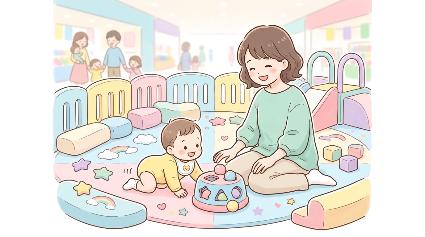 ショッピングモール内のカラフルなキッズスペースで、ハイハイする赤ちゃんとそれを見守る母親