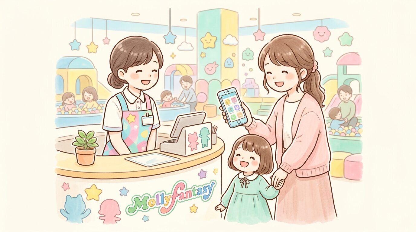 モーリーファンタジーの受付カウンターでスマートフォンアプリを見せる母親と子ども