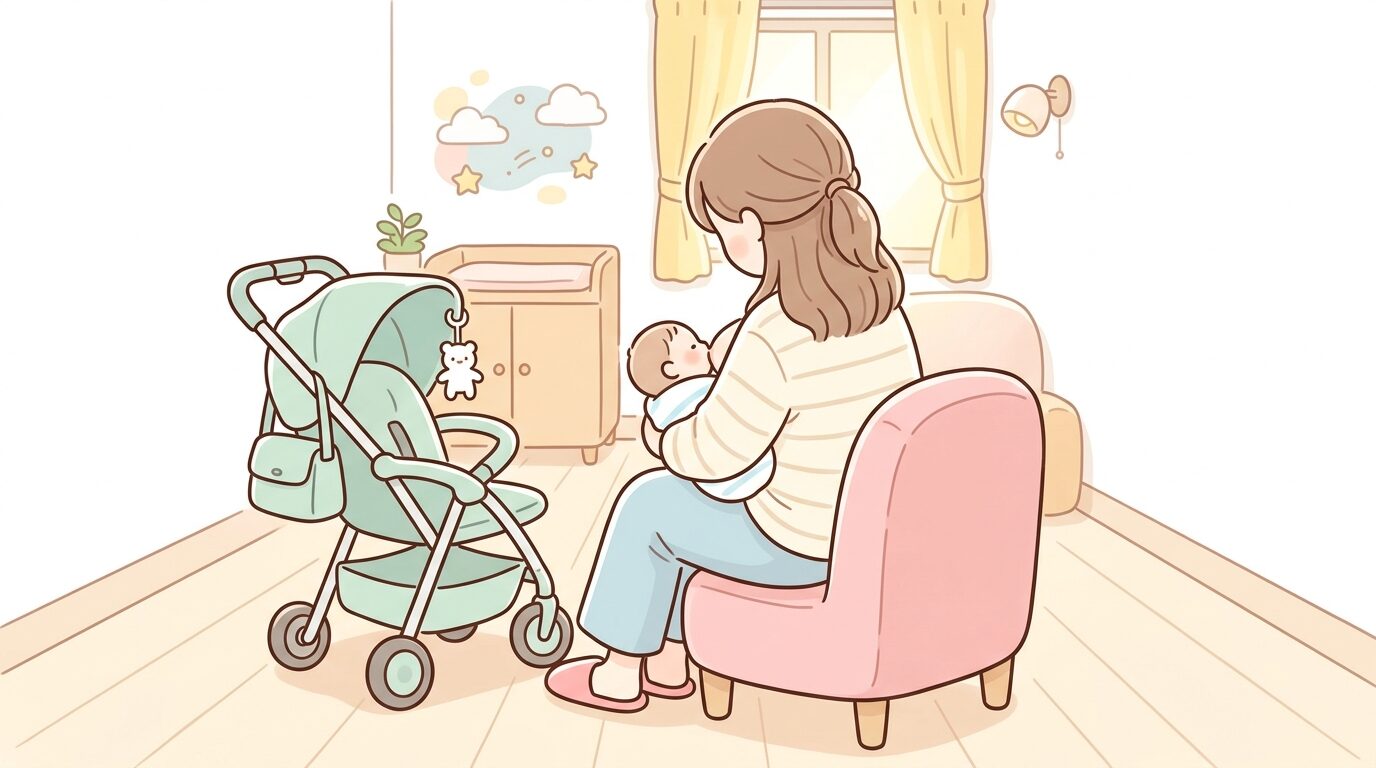 明るい授乳室でベビーカーを横に置き赤ちゃんに授乳する女性の後ろ姿