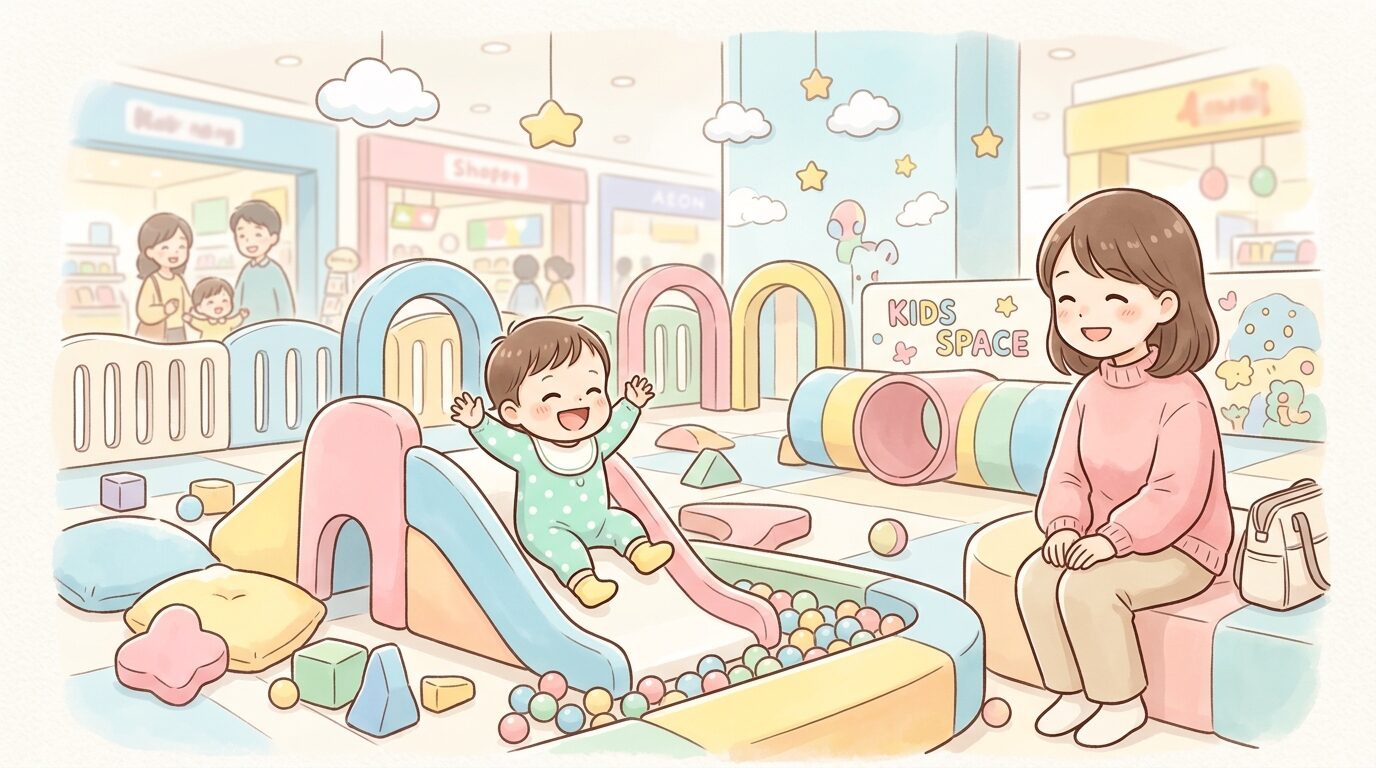 明るいショッピングモールのキッズスペースで色とりどりの遊具に囲まれてはしゃぐ1歳児と、隣で笑顔で見守る母親