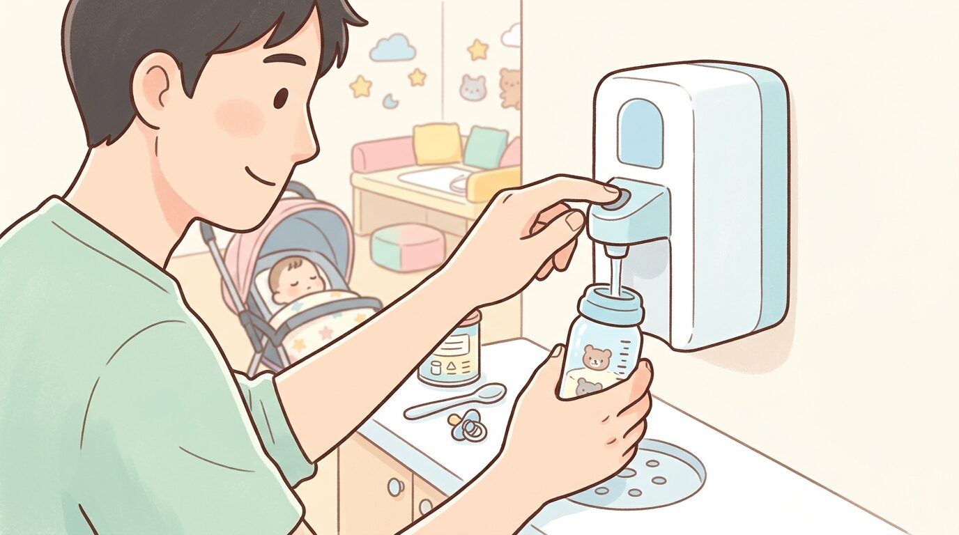 イオンモール内の清潔な赤ちゃん休憩室で調乳用の給湯器を使いミルクを準備する父親の手元