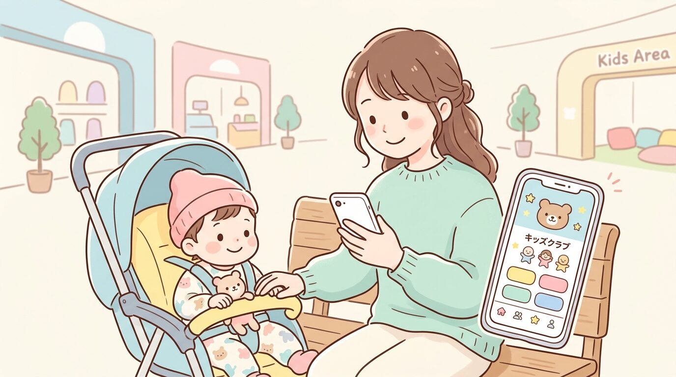 スマートフォンでイオンモールアプリのキッズクラブ画面を操作する30代の母親、隣にはベビーカーに乗った子ども