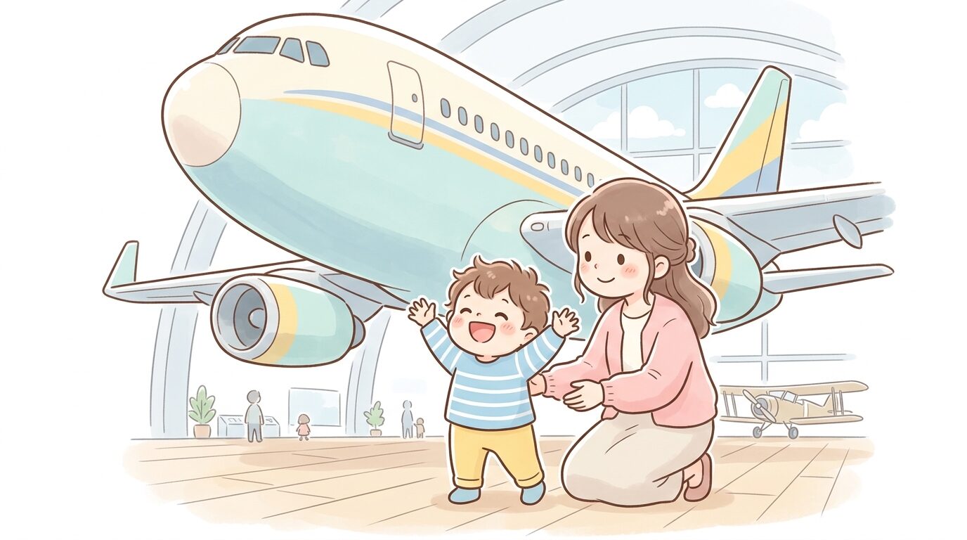 大きな旅客機の実機を見上げてはしゃぐ1歳児と、その様子を優しく見守る母親