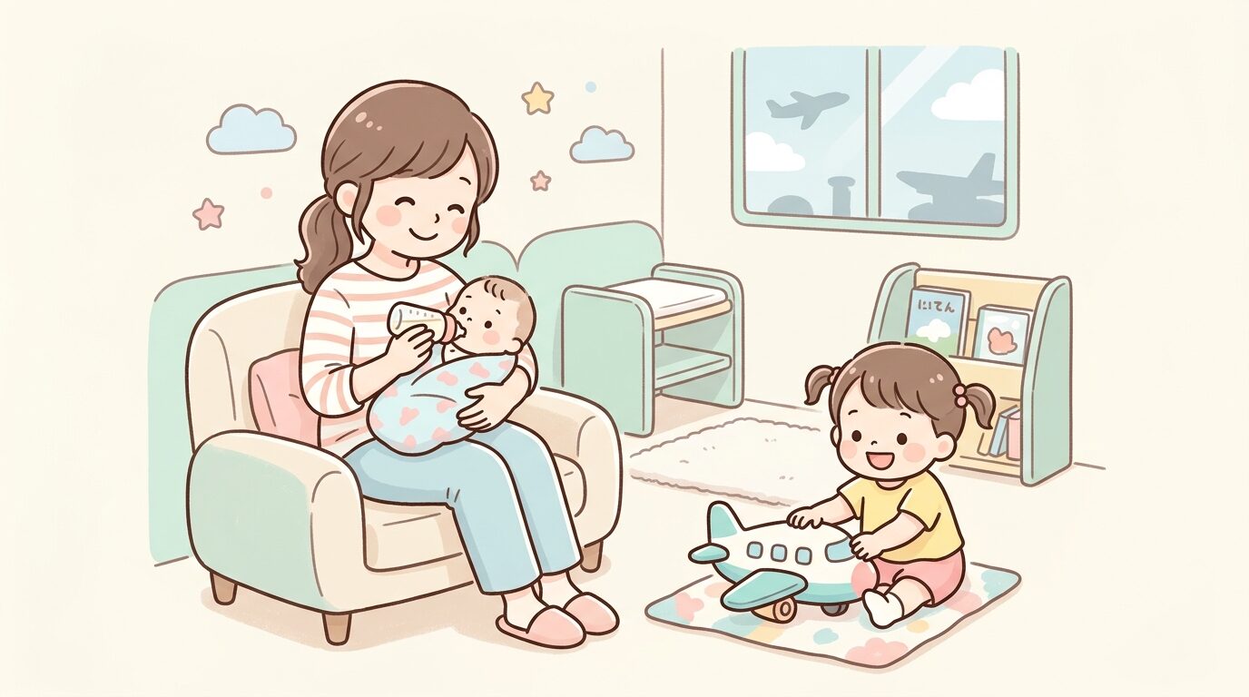 授乳室で赤ちゃんにミルクをあげる母親と、隣で機体のおもちゃで遊ぶ幼児