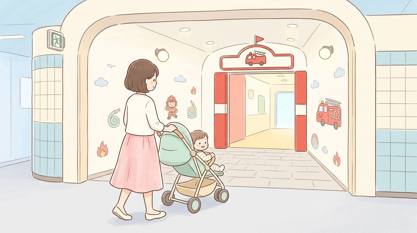 四谷三丁目駅の出口から消防博物館へ直結する通路をベビーカーで進む親子の後ろ姿