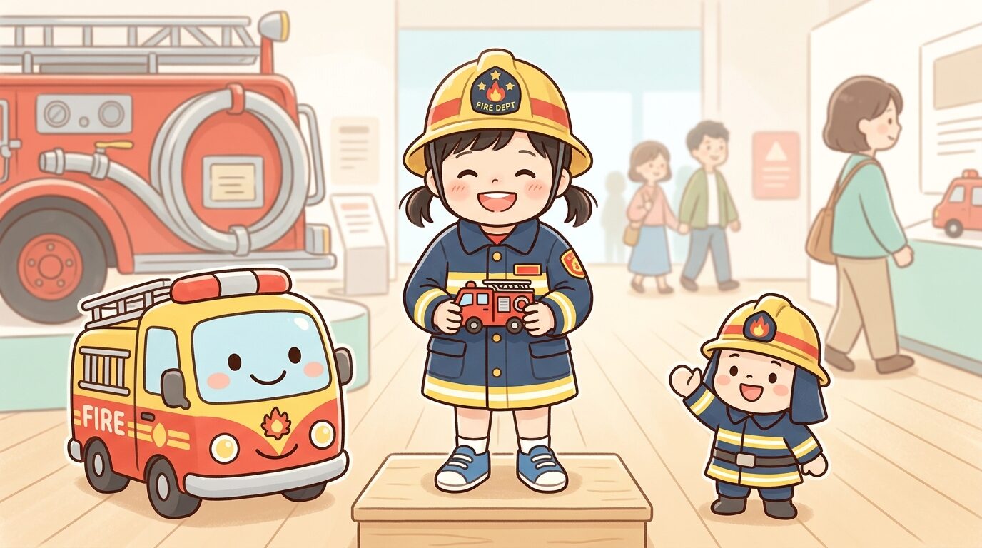 子ども用の小さな消防服とヘルメットを身につけて笑顔で記念撮影をする2歳くらいの女の子