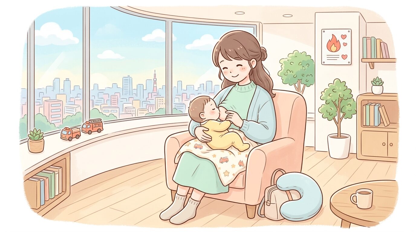 消防博物館10階の防災ラウンジで赤ちゃんに授乳をしながらくつろぐ母親の様子