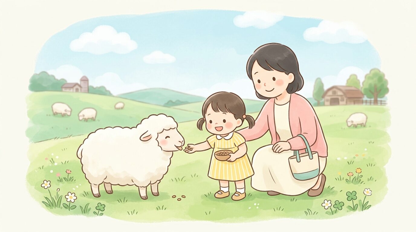 芝生の広場でヒツジに餌をあげる2歳くらいの子どもと見守る母親