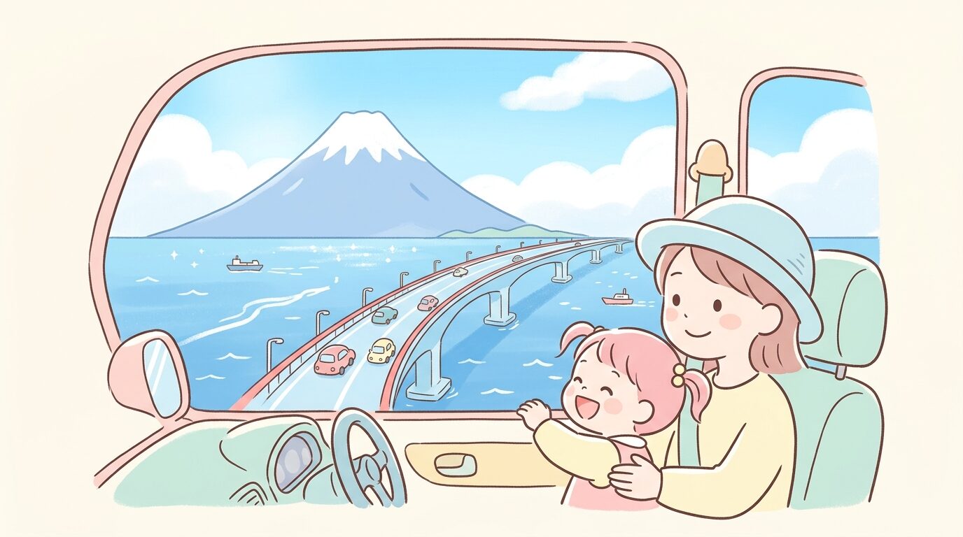 東京湾アクアラインを走る車の車窓から見える富士山と青空