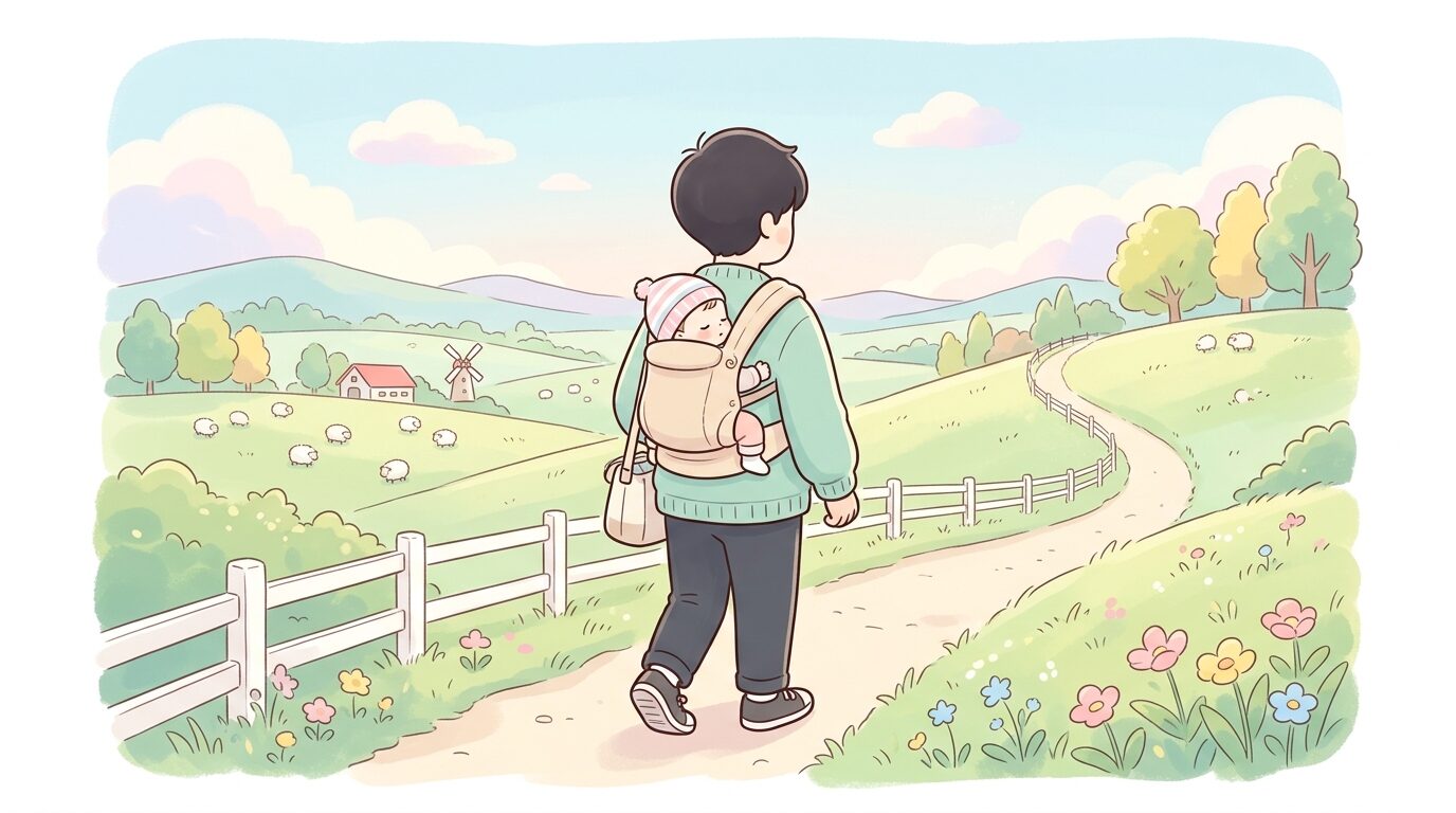 抱っこ紐で赤ちゃんを抱いた父親が坂道の牧場を歩く後ろ姿