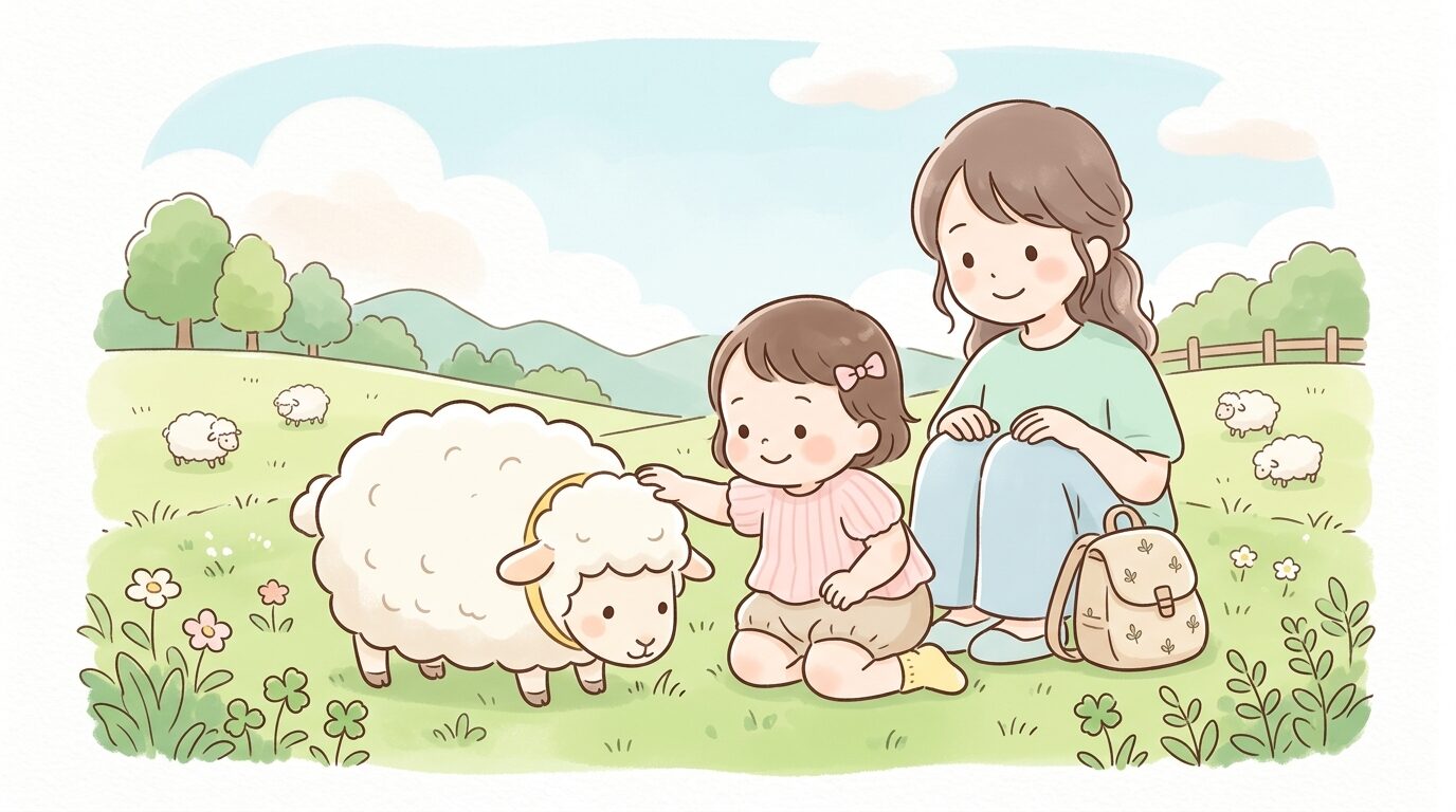 六甲山牧場で放牧された羊に優しく触れる1歳前後の女の子と見守る母親