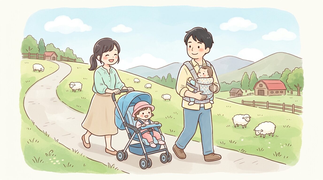 ベビーカーと抱っこ紐を使い分けながら牧場内の坂道を歩く両親と子ども