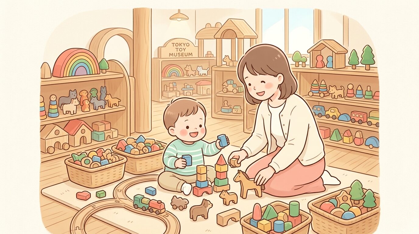 木製おもちゃに囲まれて笑顔で遊ぶ1歳児と見守る母親、木の温もりが感じられる室内