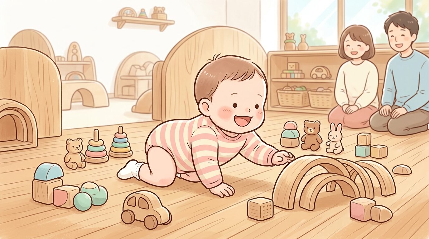 赤ちゃん木育ひろばで裸足でハイハイしながら木のおもちゃに触れる赤ちゃんの様子