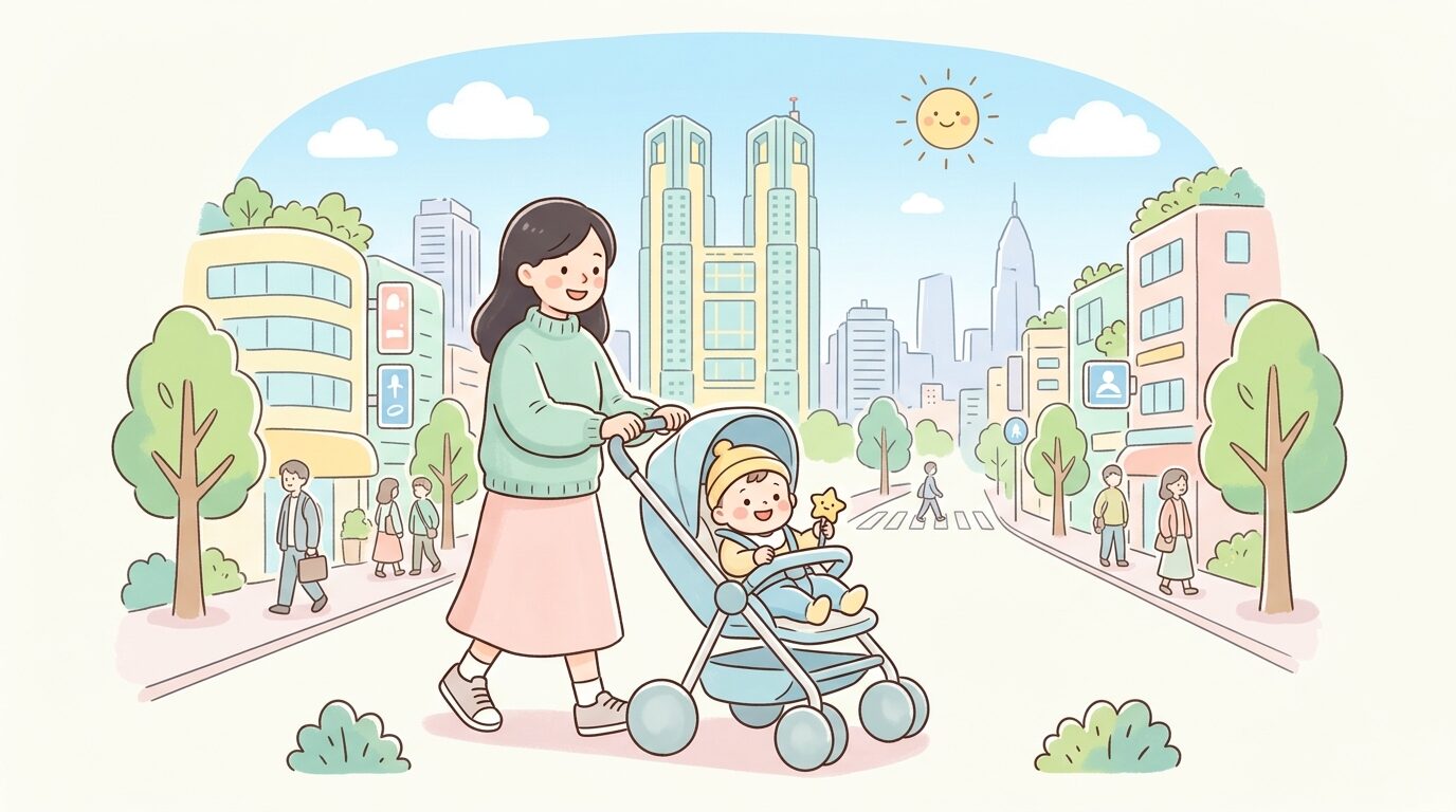 新宿の街並みを背景にベビーカーを押しながら親子で歩く様子、晴天の午前中
