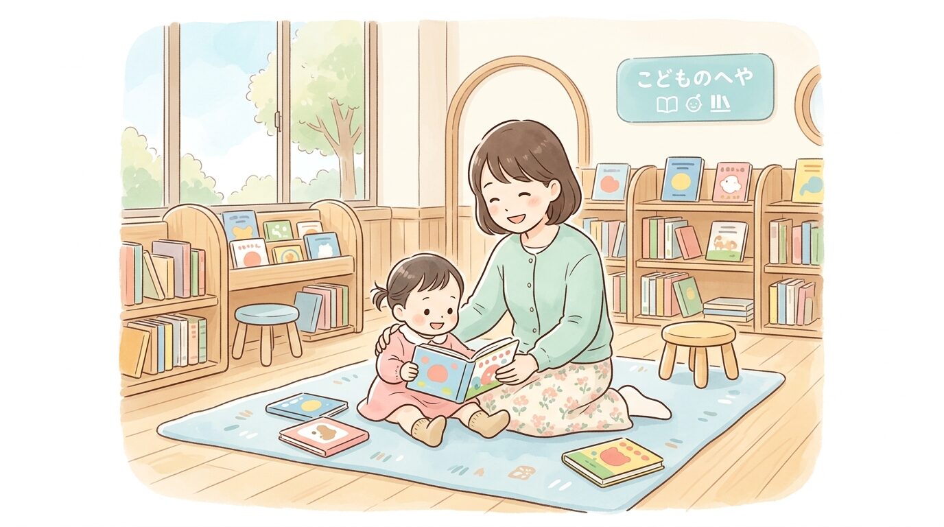 木の温もりある美術館の「こどものへや」で絵本を眺める1歳くらいの赤ちゃんと母親
