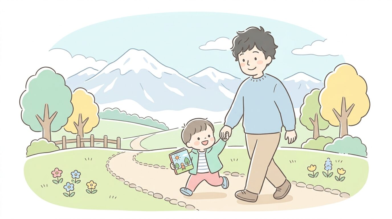北アルプスを背景にした公園を、絵本を持った幼児と父親が手をつないで歩く様子