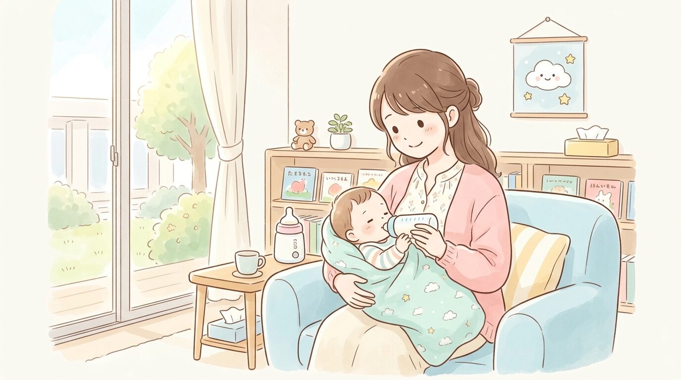 授乳室でミルクを飲む赤ちゃんを優しく抱く母親、柔らかな光が差し込む室内