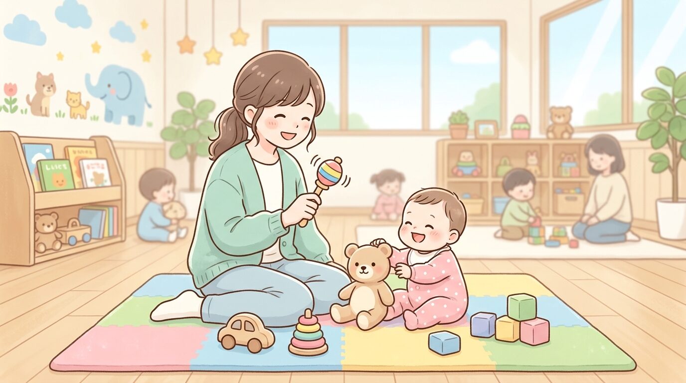 明るい室内の児童館で赤ちゃんとマットの上で遊ぶ母親の様子