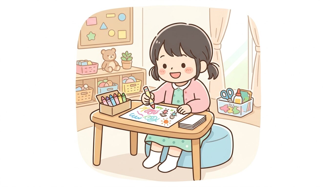 児童館の創作コーナーでクレヨンを持ち工作を楽しむ3歳くらいの子ども