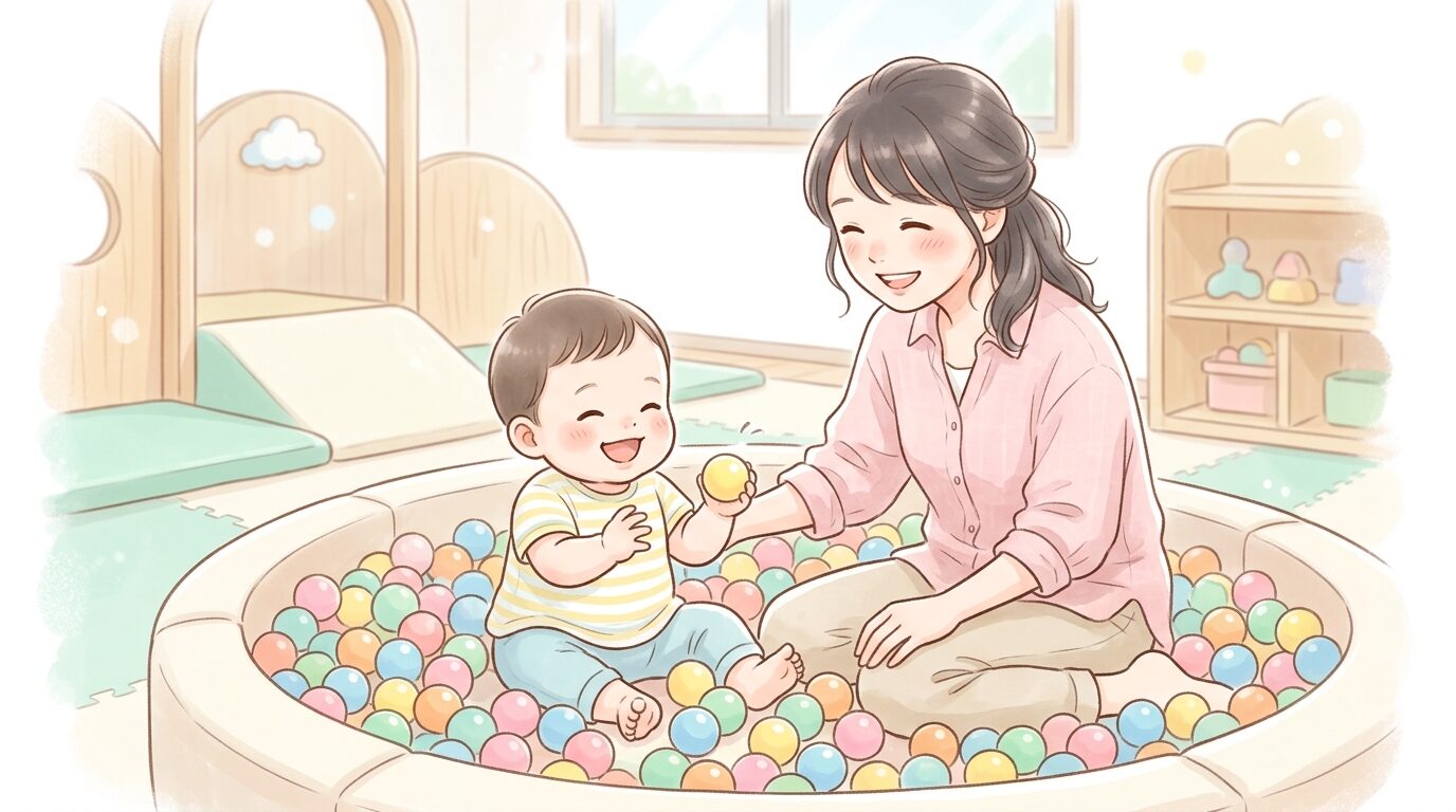 明るい室内遊び場でカラフルなボールプールに座って笑顔で遊ぶ1歳児と見守る母親