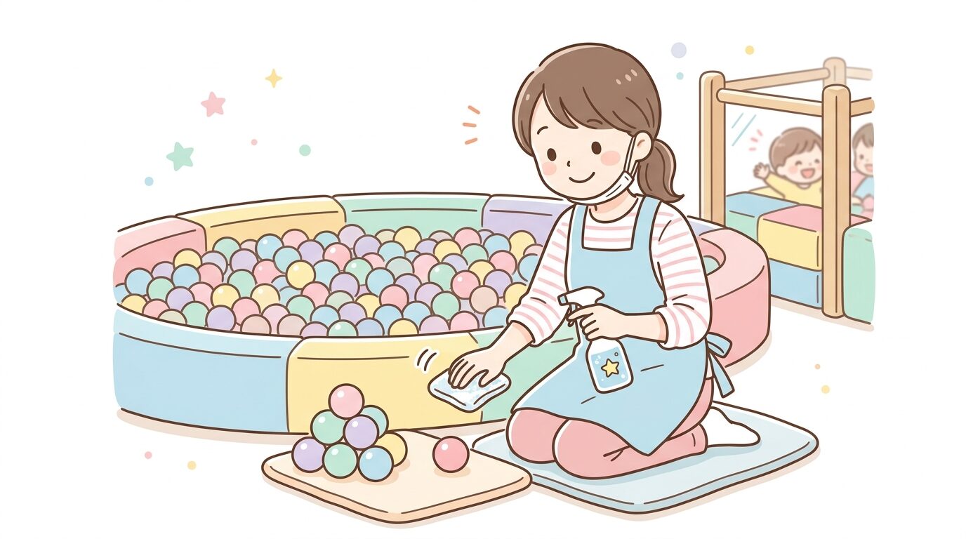 室内遊び場のスタッフがボールプールのボールを一つずつ丁寧に消毒している様子