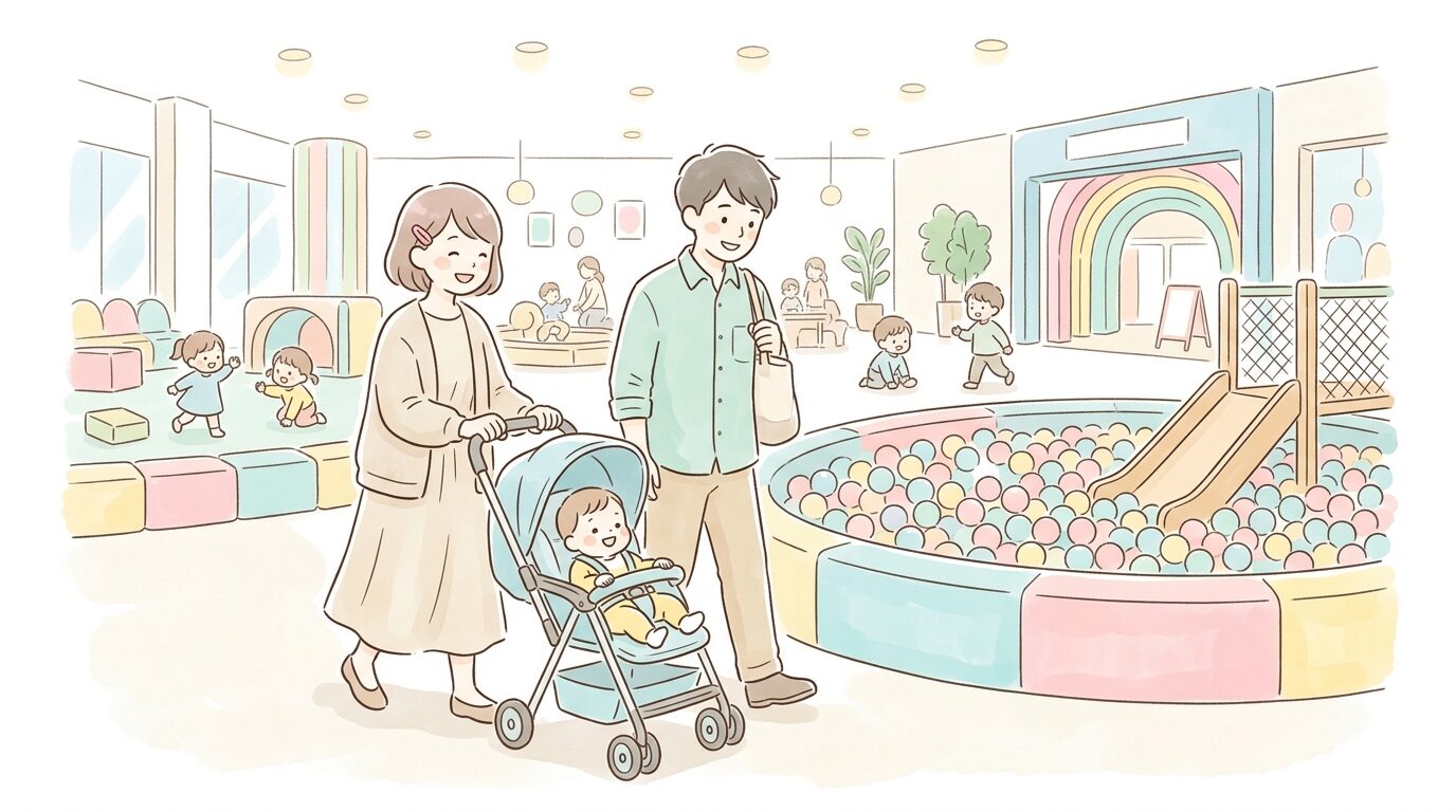 ショッピングモール内の広々とした室内遊び場でベビーカーを押しながら施設を見学する家族連れ