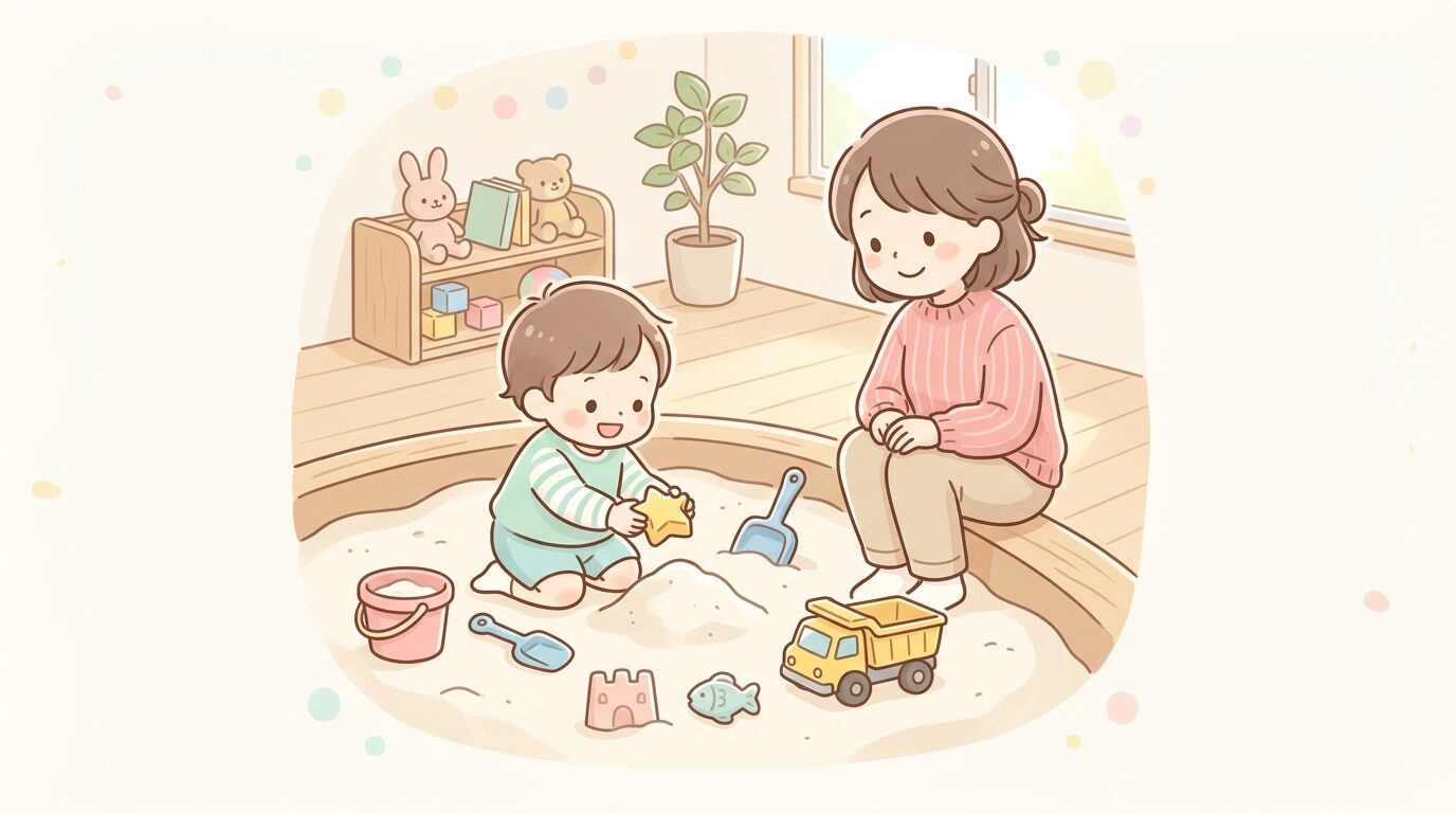 明るい室内の屋内砂場でカラフルな砂型を使って遊ぶ2歳児と見守る母親