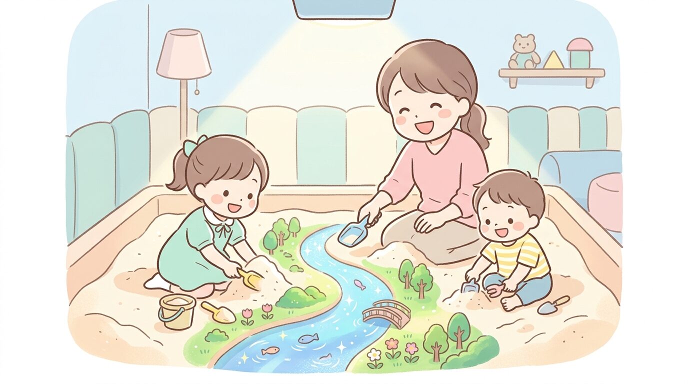 プロジェクションマッピングで川や山の映像が投影されたAR砂場で遊ぶ親子連れ