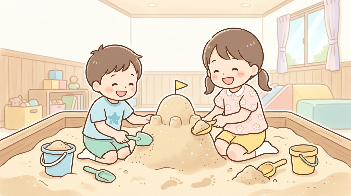 きょうだいで協力しながらスコップとバケツで砂の山を作る楽しそうな様子