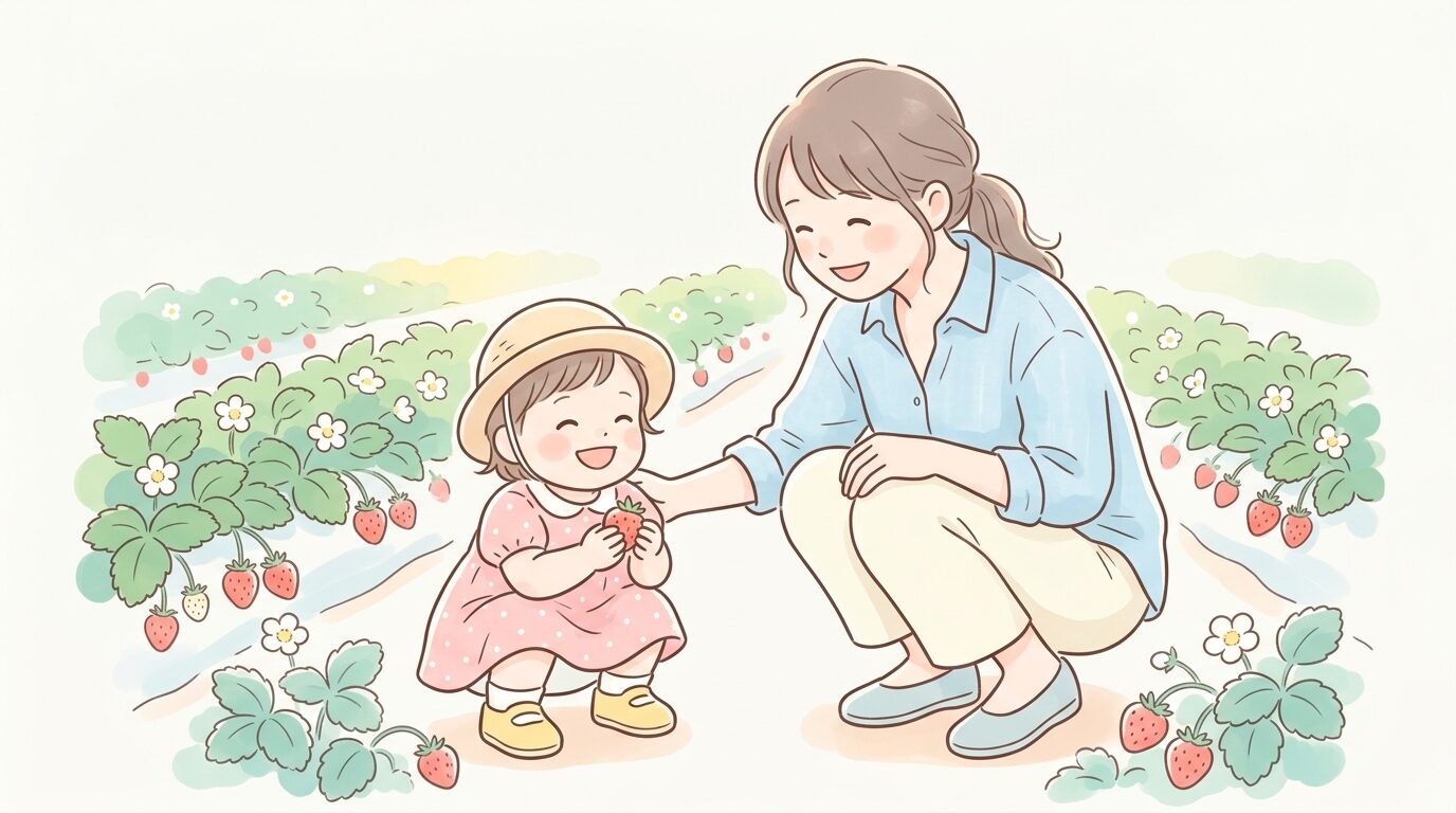 農園でいちごを見つけて笑顔になる1歳児と、隣でしゃがんで見守る母親の温かい様子