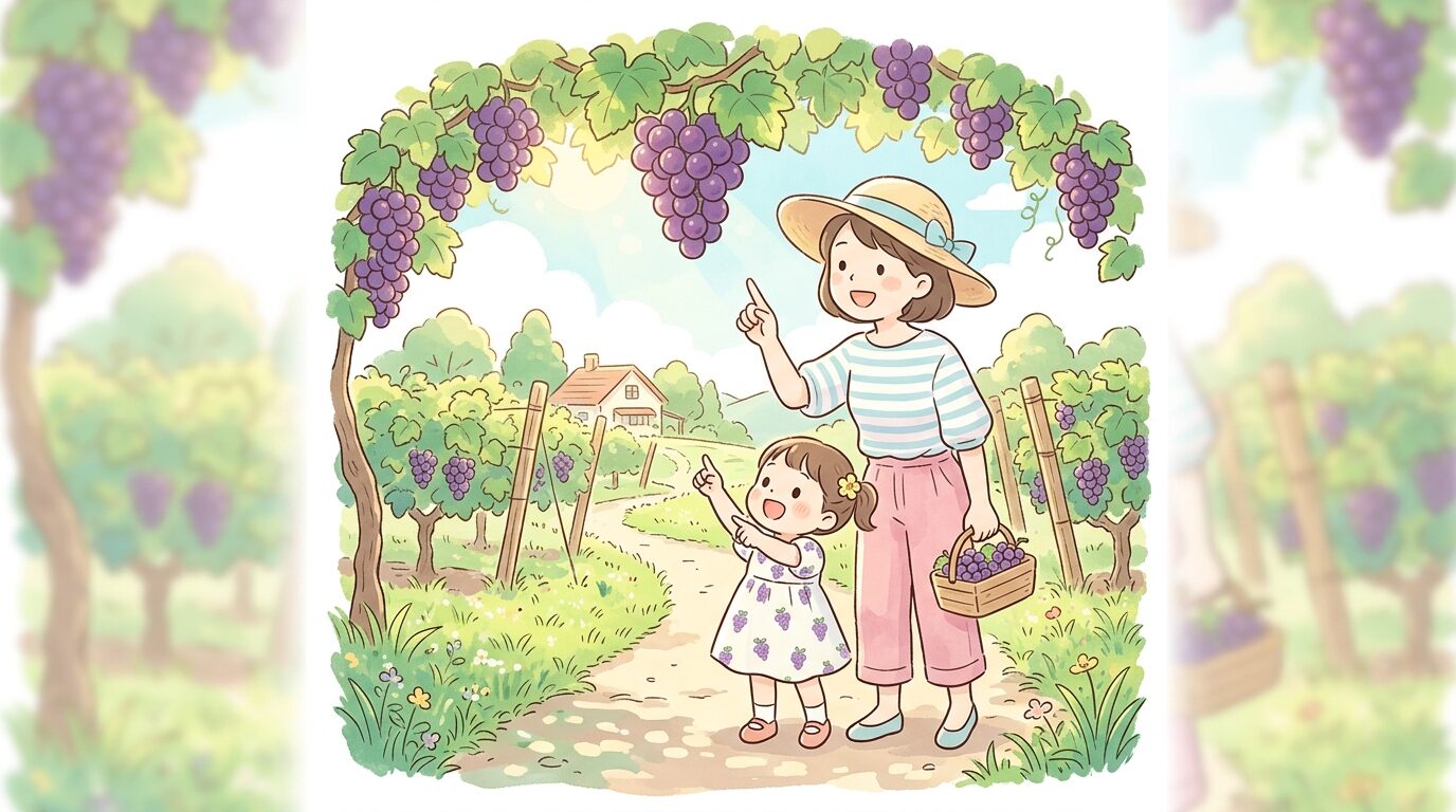 夏の農園でぶどうの房を見上げる親子連れ、木漏れ日が差し込む果樹園の風景