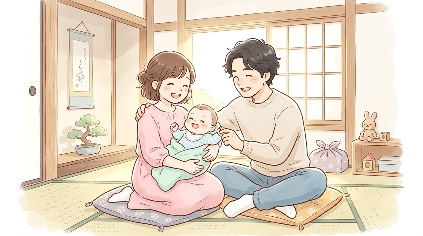 和室で赤ちゃんを抱っこしながら微笑む若い夫婦、柔らかい自然光が差し込む温かい雰囲気