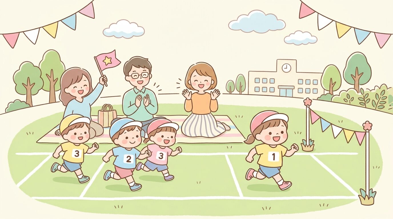 保育園の運動会でかけっこをする2〜3歳の子どもたちと応援する保護者たち