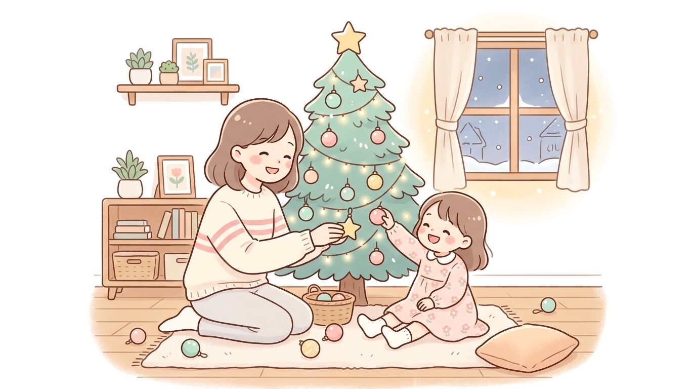 リビングでクリスマスツリーの飾り付けをする親子、暖色系の照明でほっこりした雰囲気