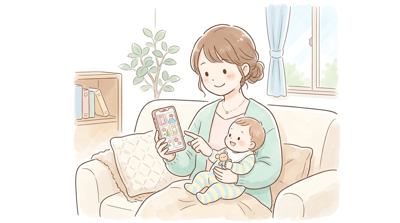 リビングのソファで赤ちゃんを抱っこしながら年賀状のデザインをスマホで選ぶ若い母親の様子